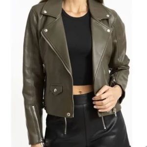 BlankNYC Faux Leather Moto Jacket in Olive Green